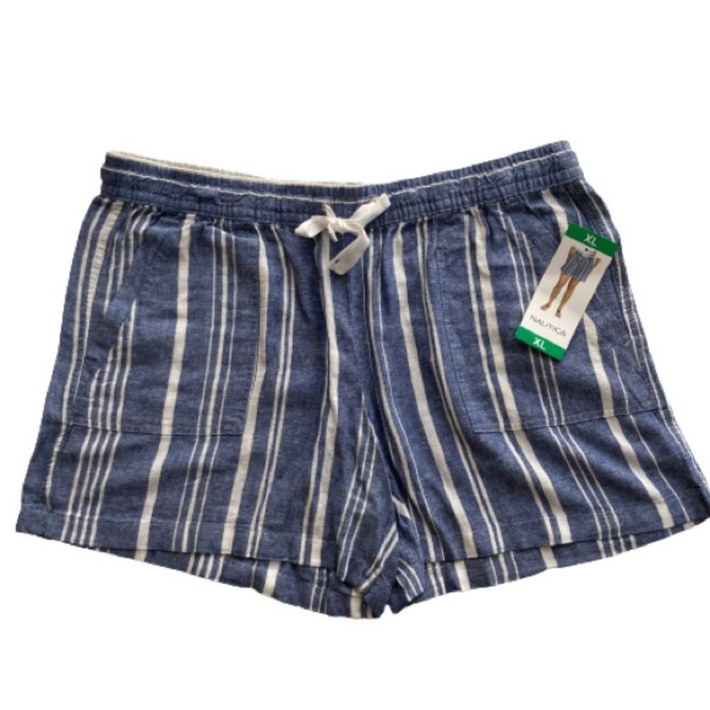Nautica Linen Blend Pull On Shorts Womens Size XL Blue & White Stripes NWT